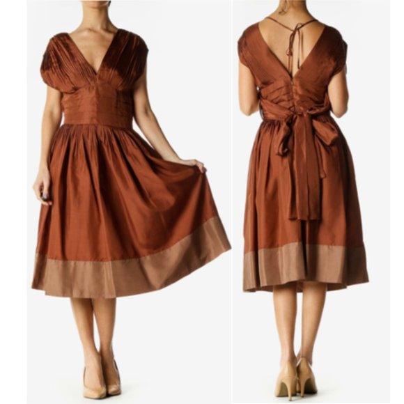 BCBGMaxAzria 100% Silk Tie Back Copper Brown Dress RARE FIND 2 - Picture 1 of 16